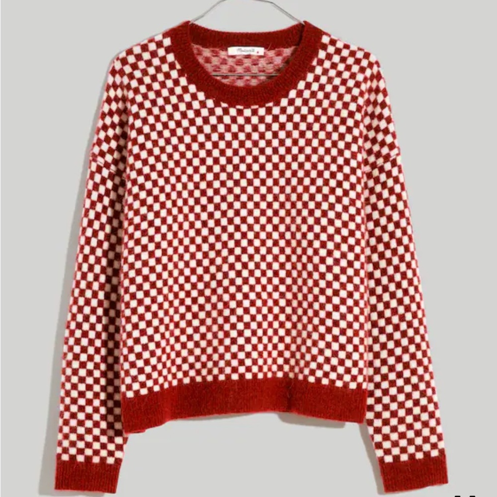 Madewell Red and White Checkered Crew Neck Sweater